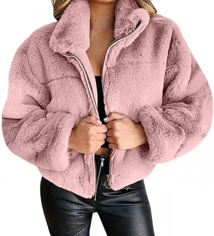 Teddy Fleece Winterjas Voor Vrouwen Met Rits En Hoge Kraag