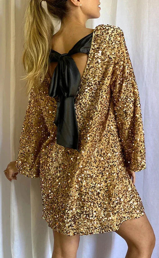 Glitter Chique Vrouwen Mini Cocktailjurk Open Rug Met Strik
