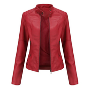 Faux Leather Jacket with Stand-Up Collar and Zipper for Women