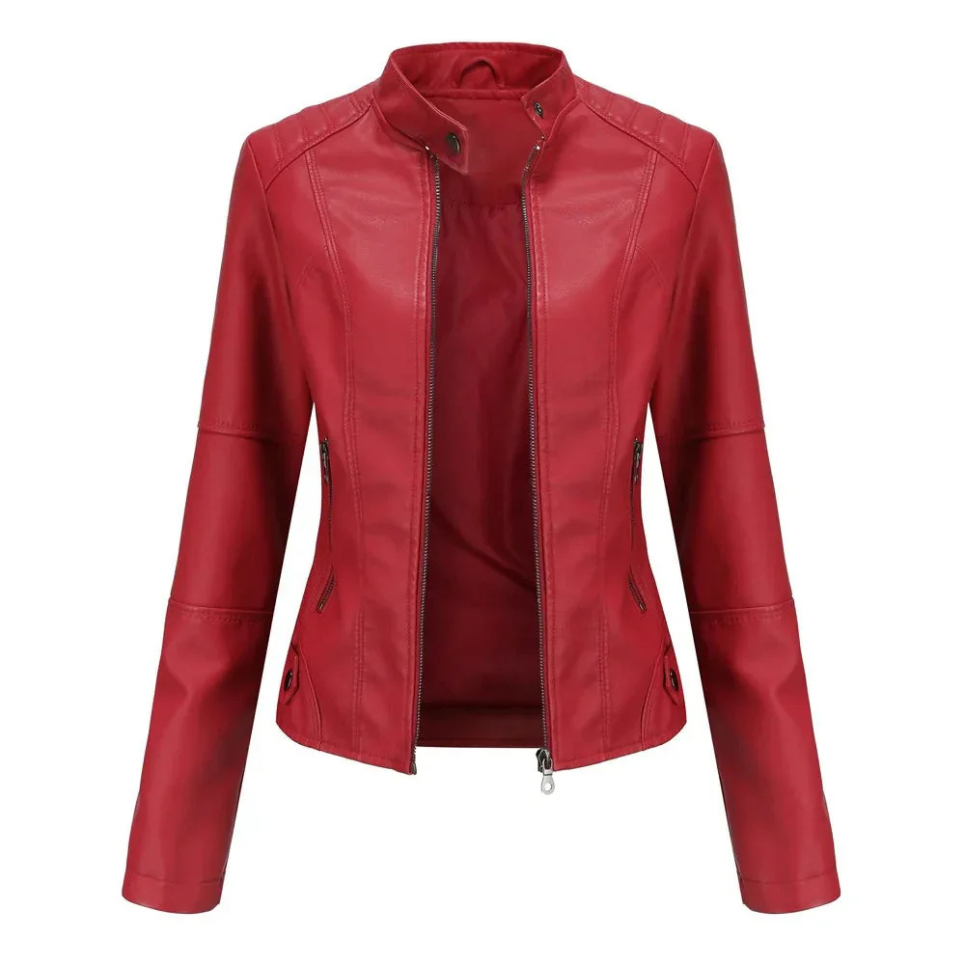 Faux Leather Jacket with Stand-Up Collar and Zipper for Women
