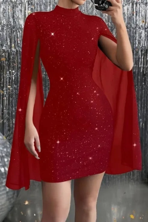 Robe de fête mini pailletée avec manches larges en mesh et coupe cintrée