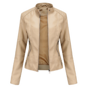 Faux Leather Jacket with Stand-Up Collar and Zipper for Women