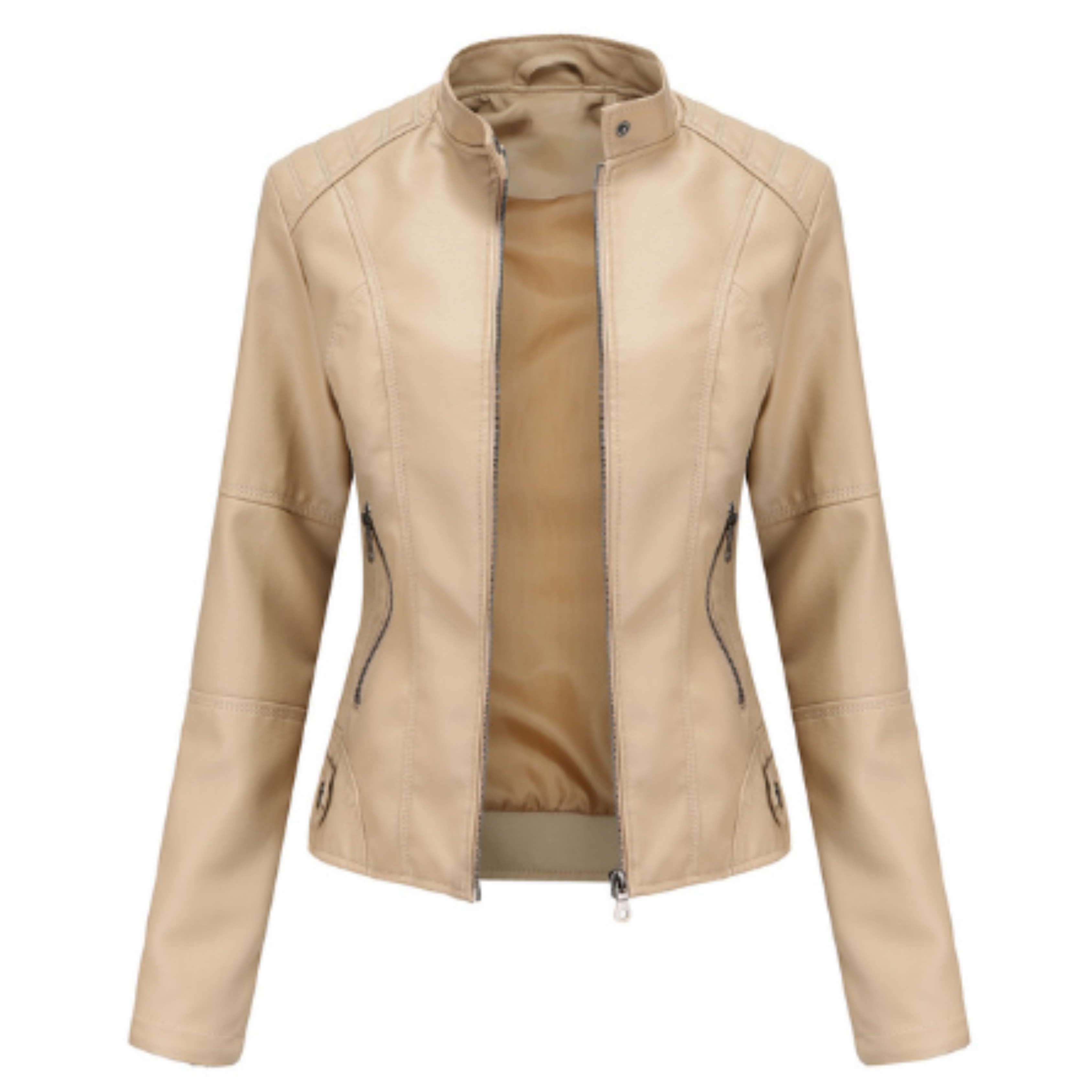 Faux Leather Jacket with Stand-Up Collar and Zipper for Women