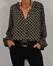Flowy Button-Up Blouse with Print and Long Sleeves
