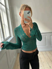 Kanten Top Met Diepe V Hals En Lange Mouwen