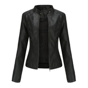 Faux Leather Jacket with Stand-Up Collar and Zipper for Women