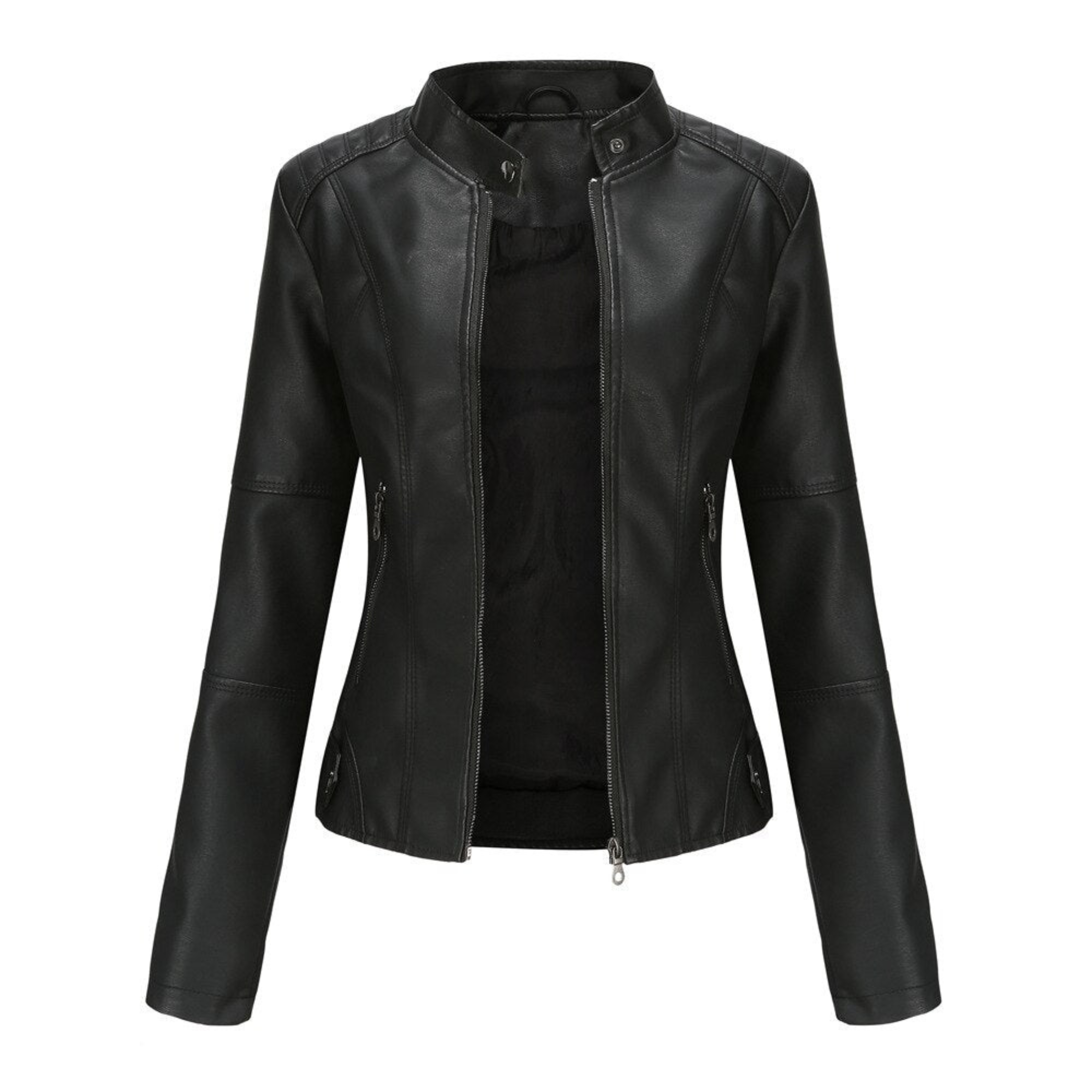 Faux Leather Jacket with Stand-Up Collar and Zipper for Women