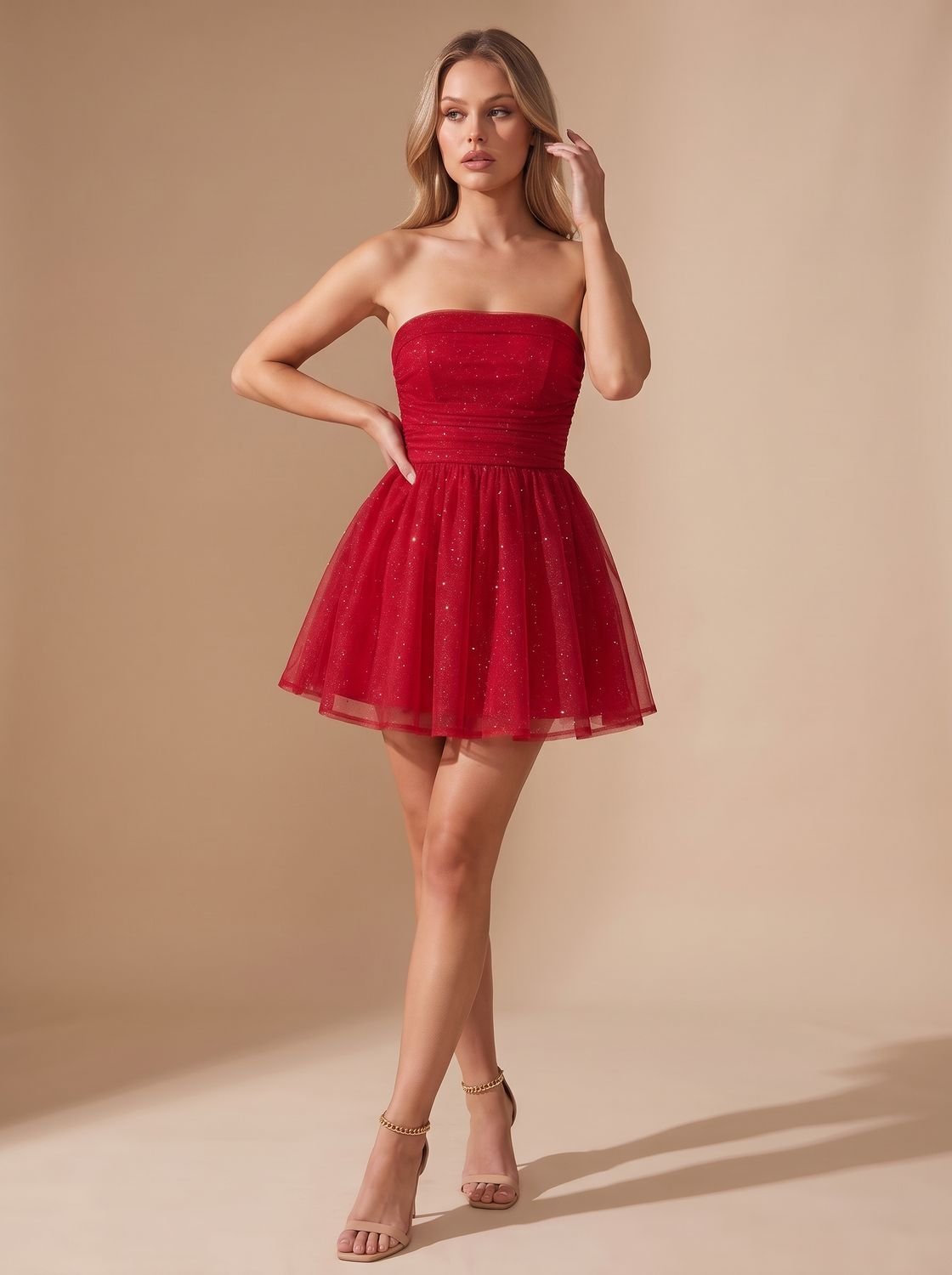 Dames Glamoureuze Glitter Mini Jurk met Strapless Top en Strik