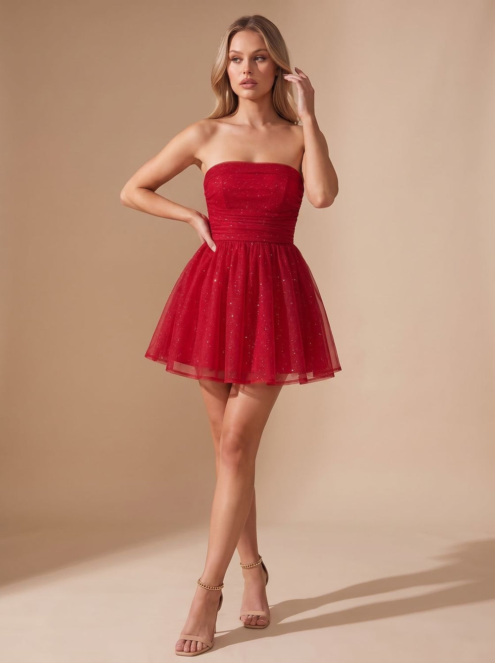 Dames Glamoureuze Glitter Mini Jurk met Strapless Top en Strik