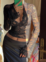 Kanten Top Met Diepe V Hals En Lange Mouwen