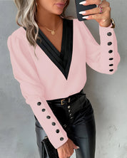 V-Neck Color Block Blouse for Women with Puff Sleeves and Buttons
