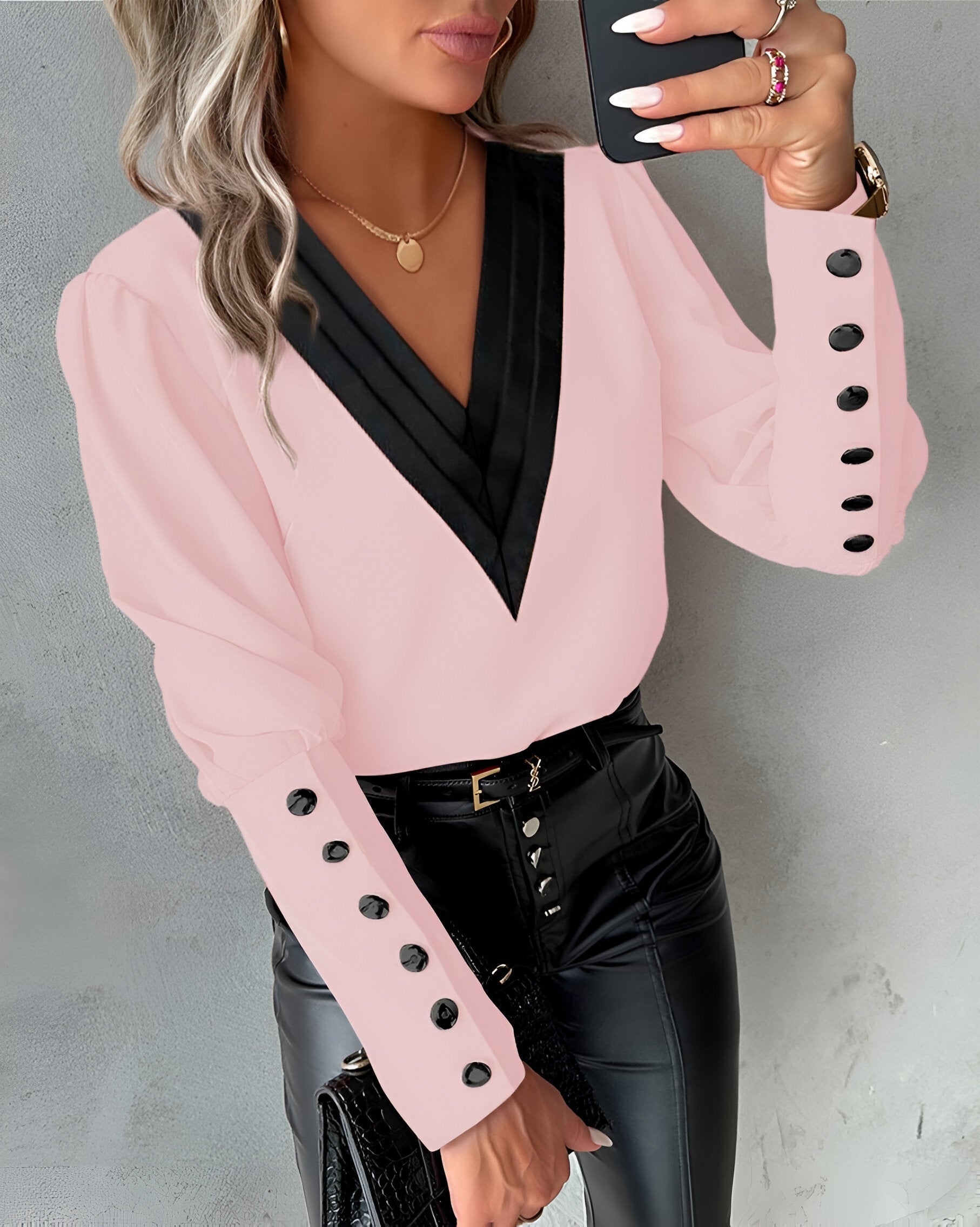 V-Neck Color Block Blouse for Women with Puff Sleeves and Buttons
