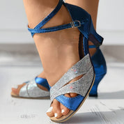 Women's Glitter Sandals with Cross Straps and Heel