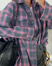Checked Oversized Blouse with Chest Pocket for Women