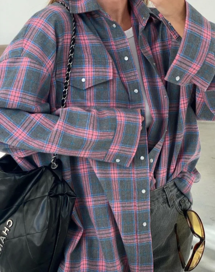 Checked Oversized Blouse with Chest Pocket for Women