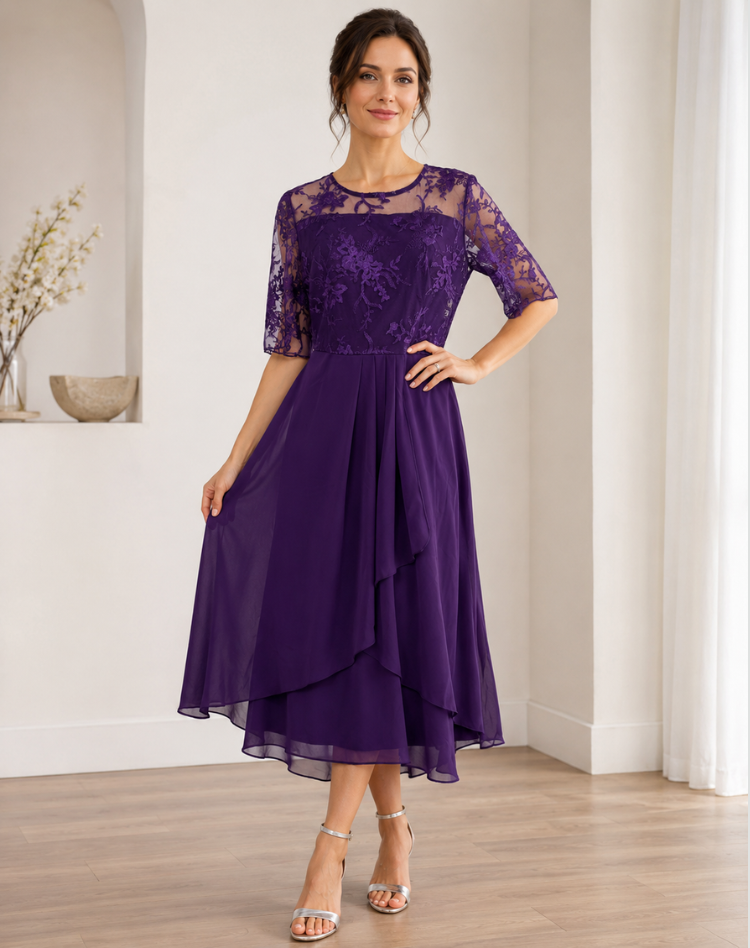 Robe midi élégante femme avec dentelle et coupe fluide confortable