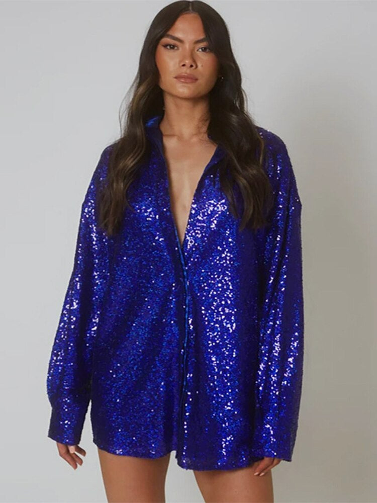 Dames Feestelijke Oversized Blouse met Pailletten en Kraag