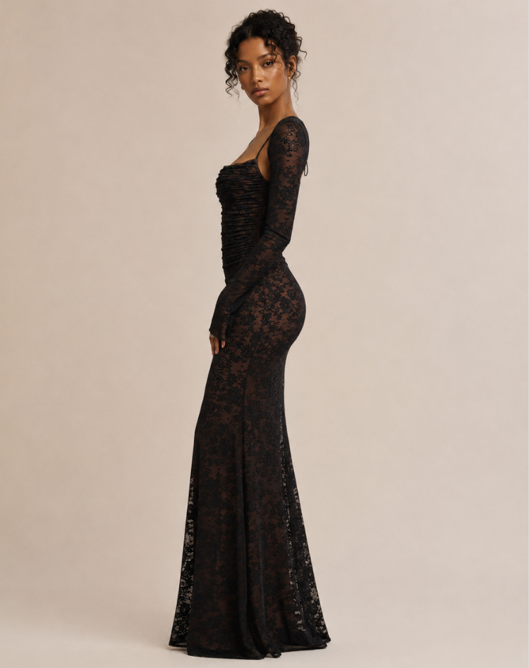 Robe de soirée maxi en dentelle pour femmes avec manches longues et silhouette élégante