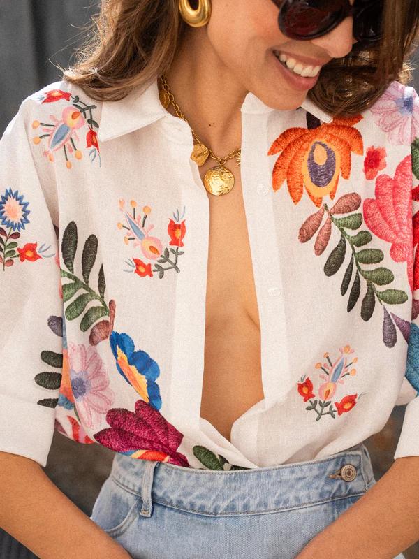 Witte Dames Bloemenprint Blouse Korte Mouw Zomer