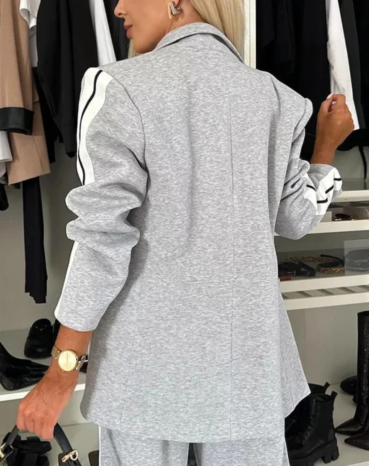 Comfortabele Dames Blazer Set met Wijde Pantalon en Strepen