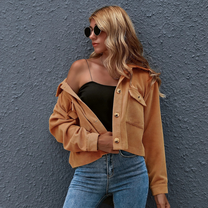 Dames Ribfluwelen Cropped Jas Met Knoopsluiting