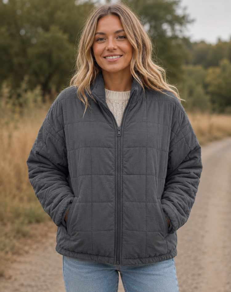 Quilted Bomber Jacket with Zipper and Side Pockets