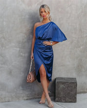 Cocktailjurk Met One Shoulder En Gedrapeerde Midi Rok