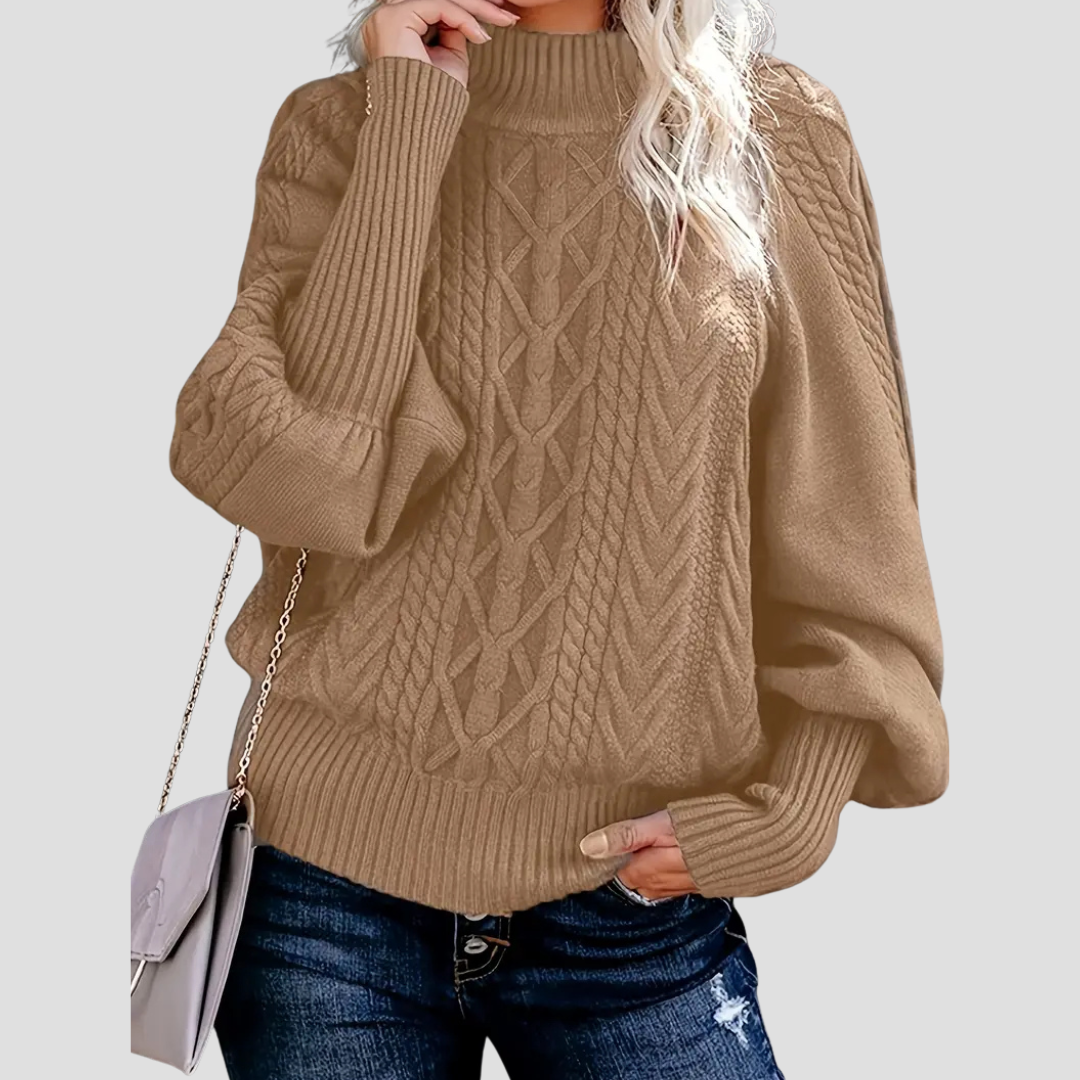 Pull col roulé torsadé pour femme, chaud avec manches ballon