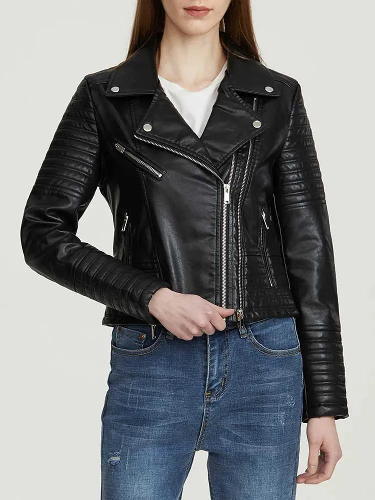 Zwarte Leren Dames Jas Met Ritszakken