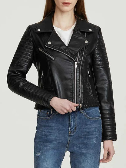 Zwarte Leren Dames Jas Met Ritszakken