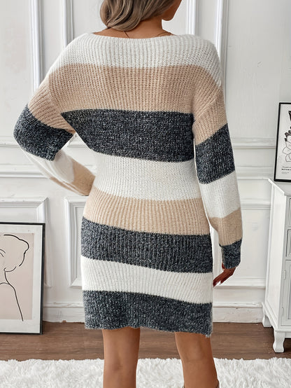 Trendy Gestreepte Mini Sweaterjurk Voor Dames