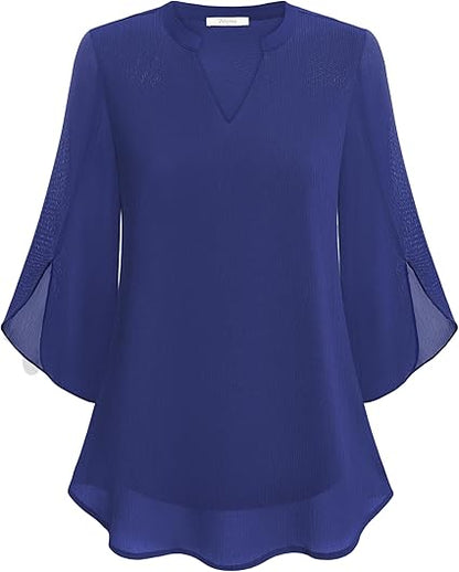 Luchtige Losvallende Blouse Dames met Splitnek en Driekwartmouwen
