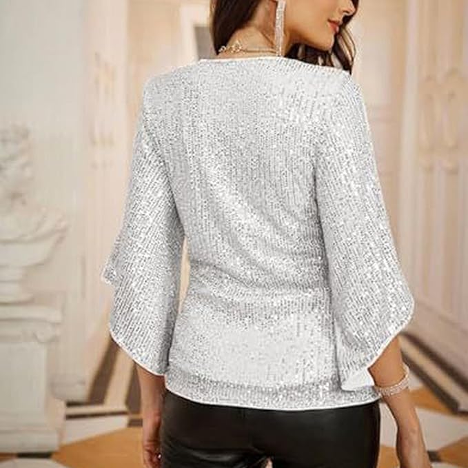 Feestelijke Glitter Pailletten Dames Blouse Met V-Hals