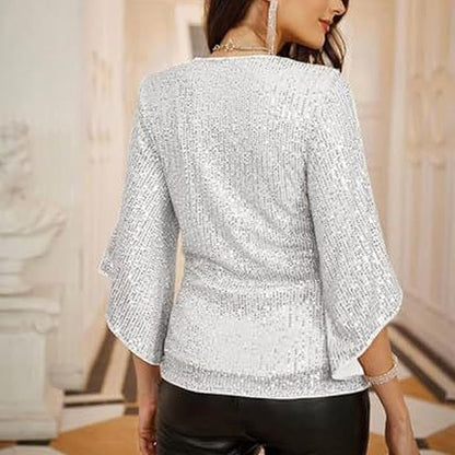 Feestelijke Glitter Pailletten Dames Blouse Met V-Hals