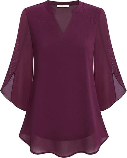 Luchtige Losvallende Blouse Dames met Splitnek en Driekwartmouwen