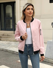 Damska Kurtka Bomber z Zamkiem, Kieszenią na Rękawie i Żebrowanymi Ściągaczami