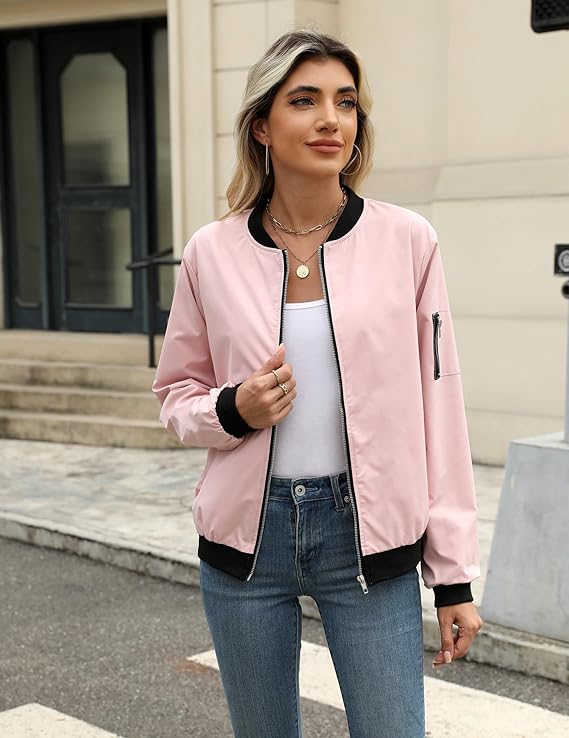 Damska Kurtka Bomber z Zamkiem, Kieszenią na Rękawie i Żebrowanymi Ściągaczami