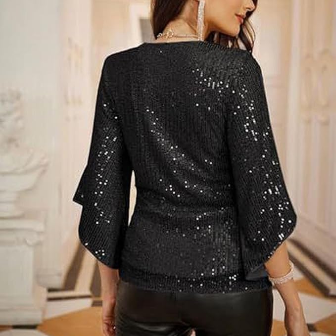 Feestelijke Glitter Pailletten Dames Blouse Met V-Hals