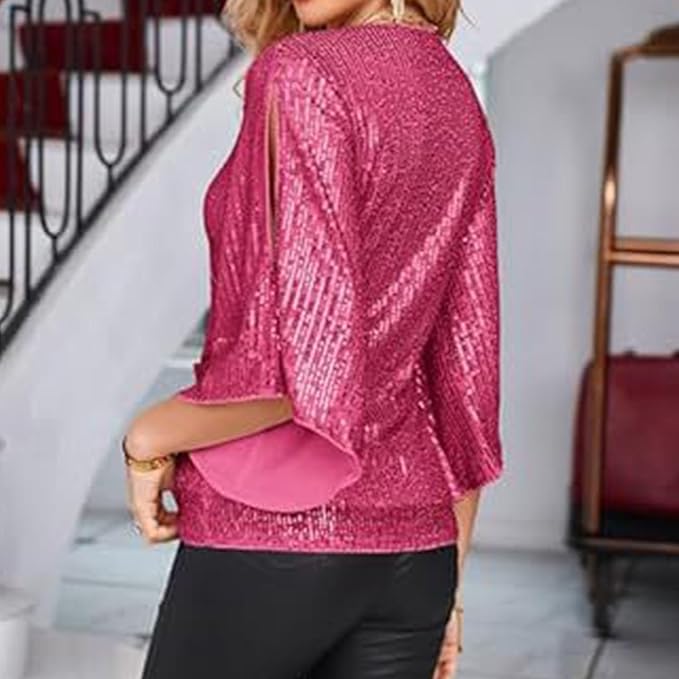 Feestelijke Glitter Pailletten Dames Blouse Met V-Hals