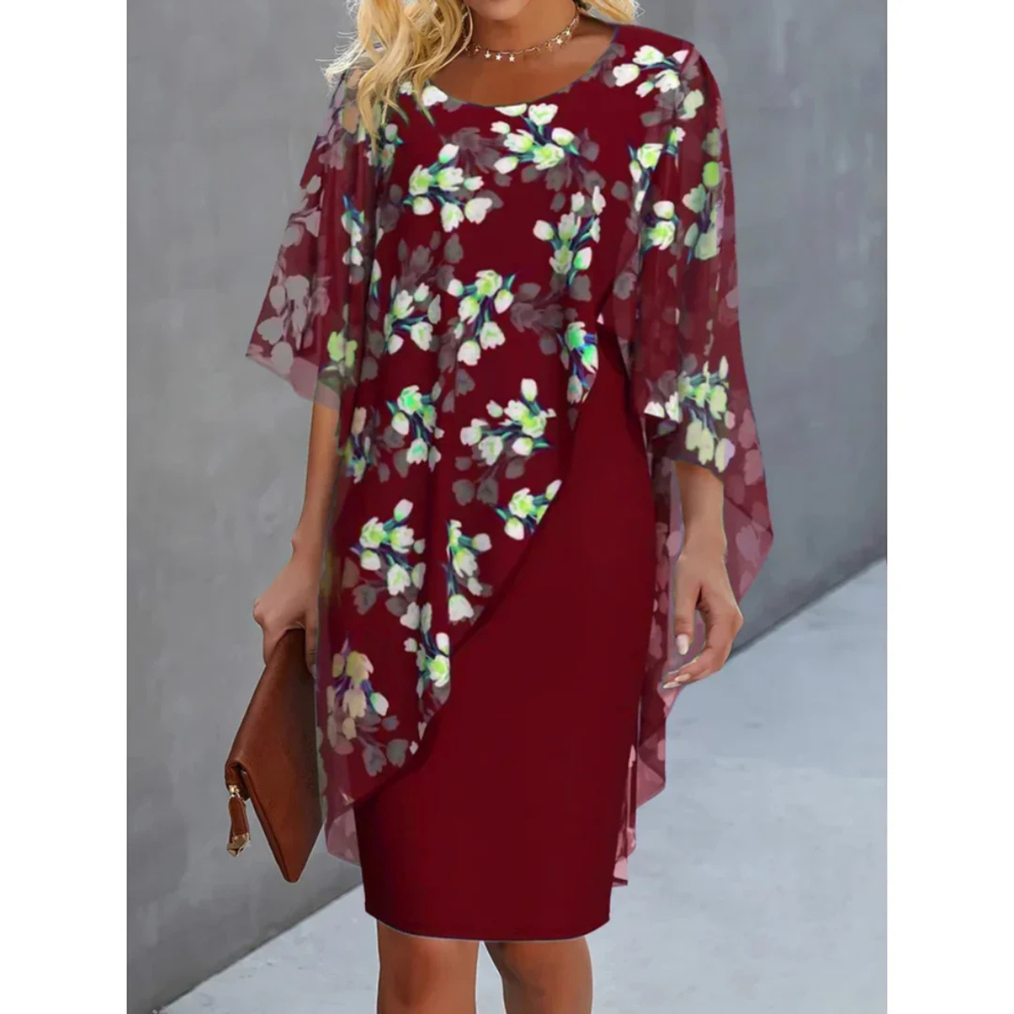 Elegant Sheath Dress for Women with Floral Print and Cape