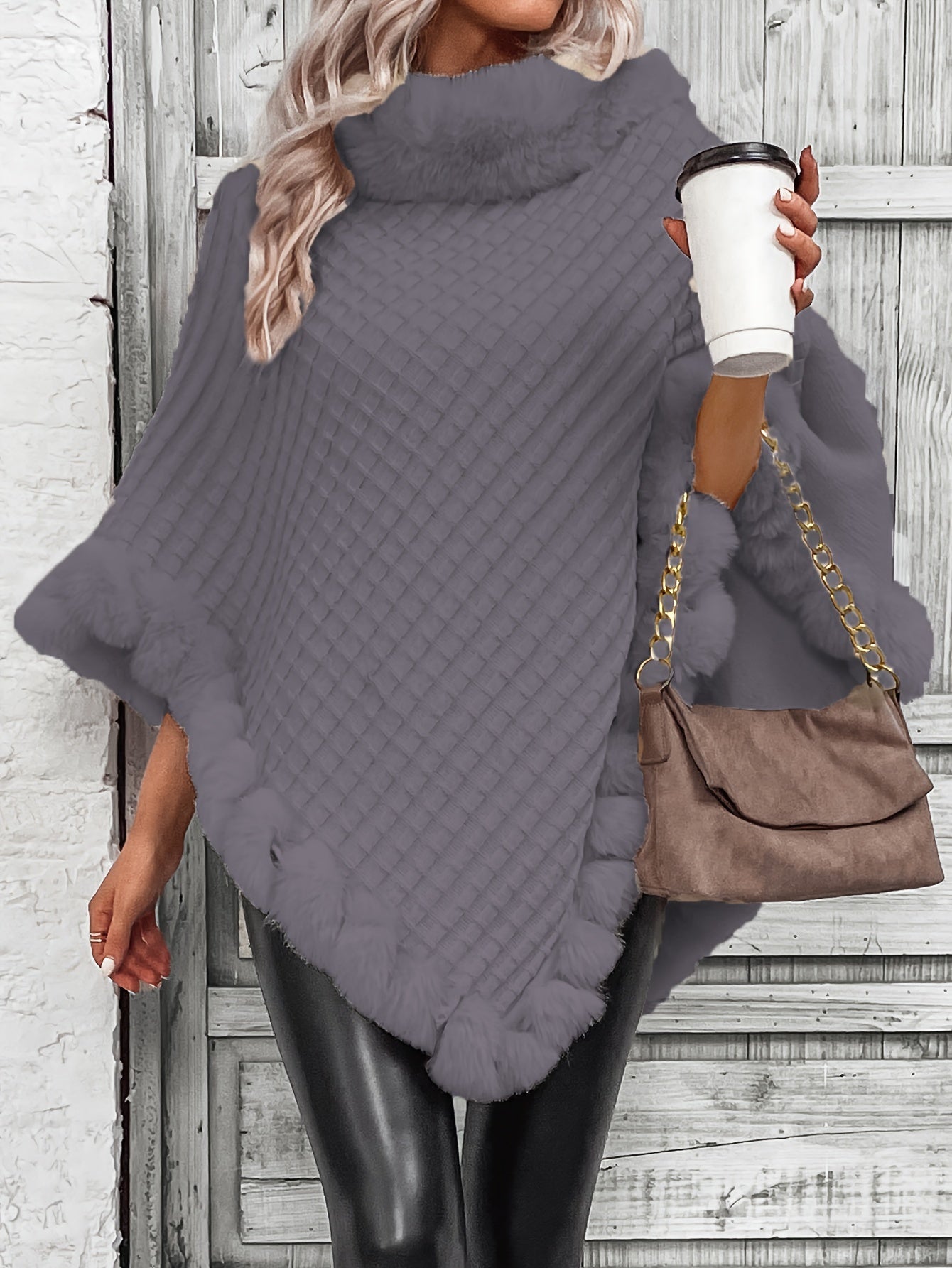Stijlvolle Warme Poncho Trui Voor Dames Met Bont Col