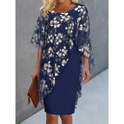 Elegant Sheath Dress for Women with Floral Print and Cape