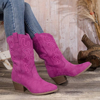 Vrouwen Western Cowboylaarzen Met Decoratieve Stiksels En Blokhak