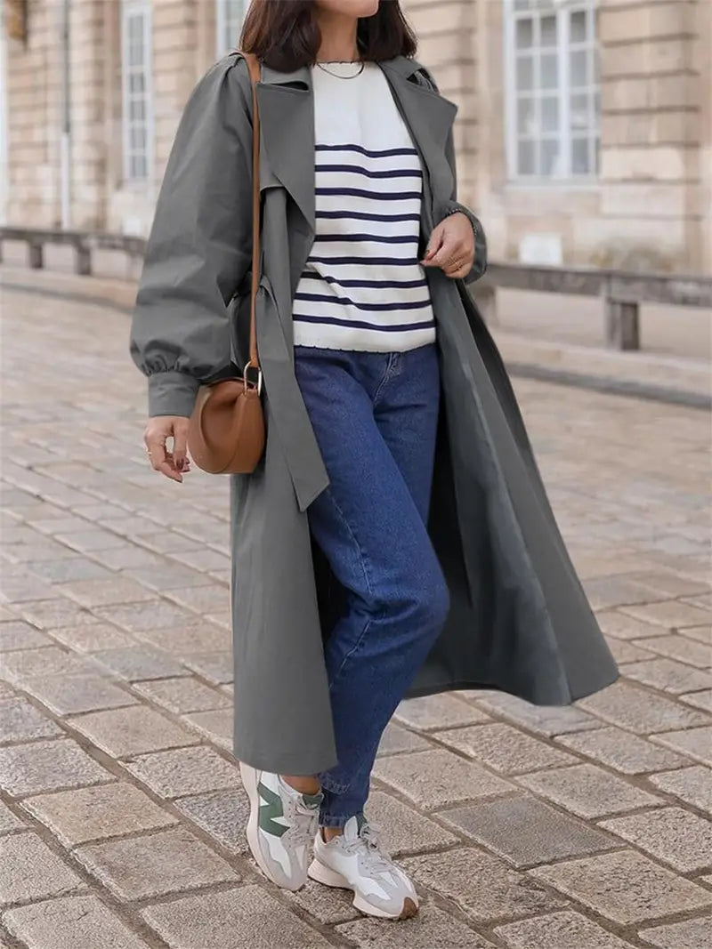 Waterdichte Maxi Trenchcoat Voor Dames Met Ceintuur En Ballonmouwen