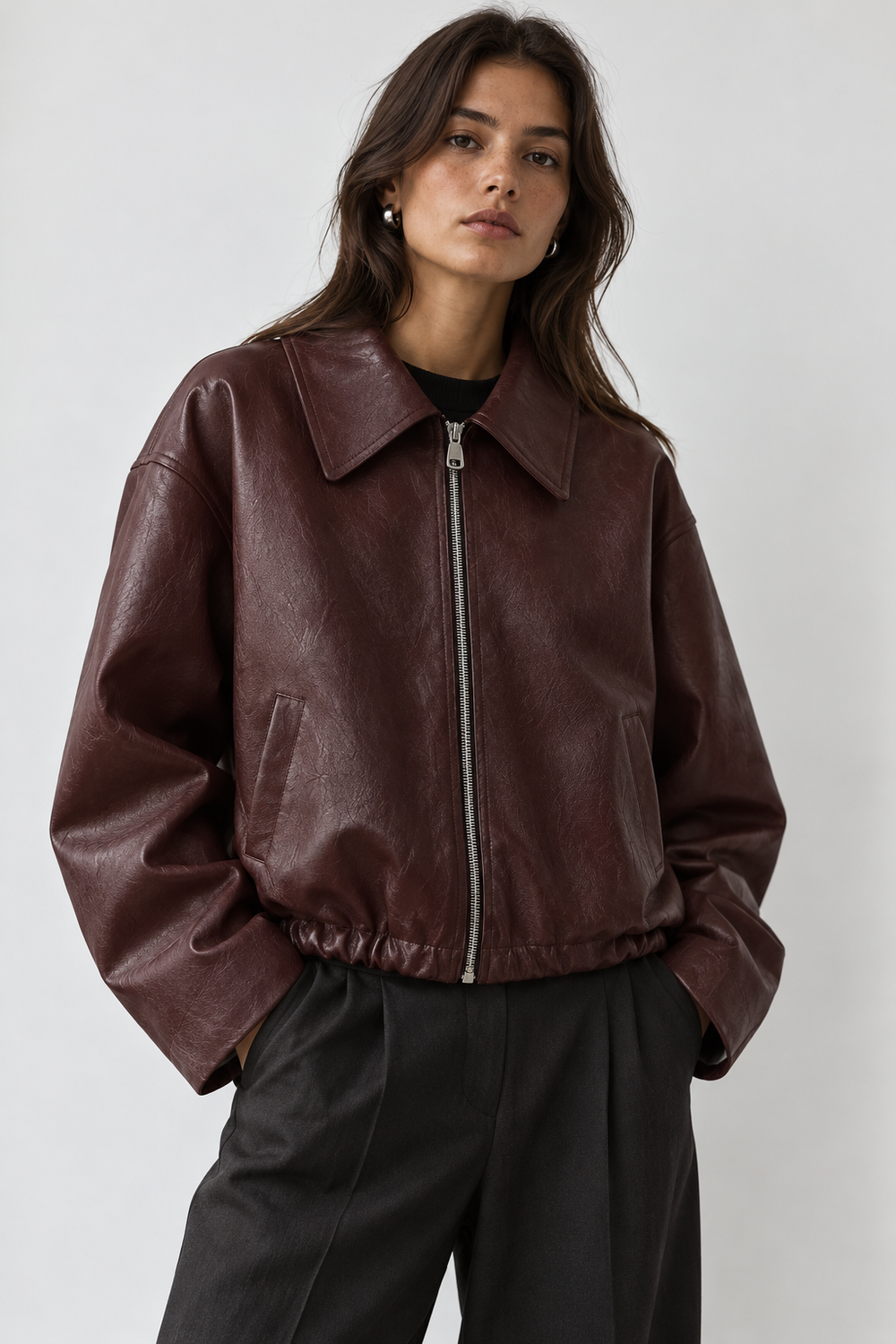 Leather Jacket for Women Short Brown with Zipper, Pockets, and Oversized Fit