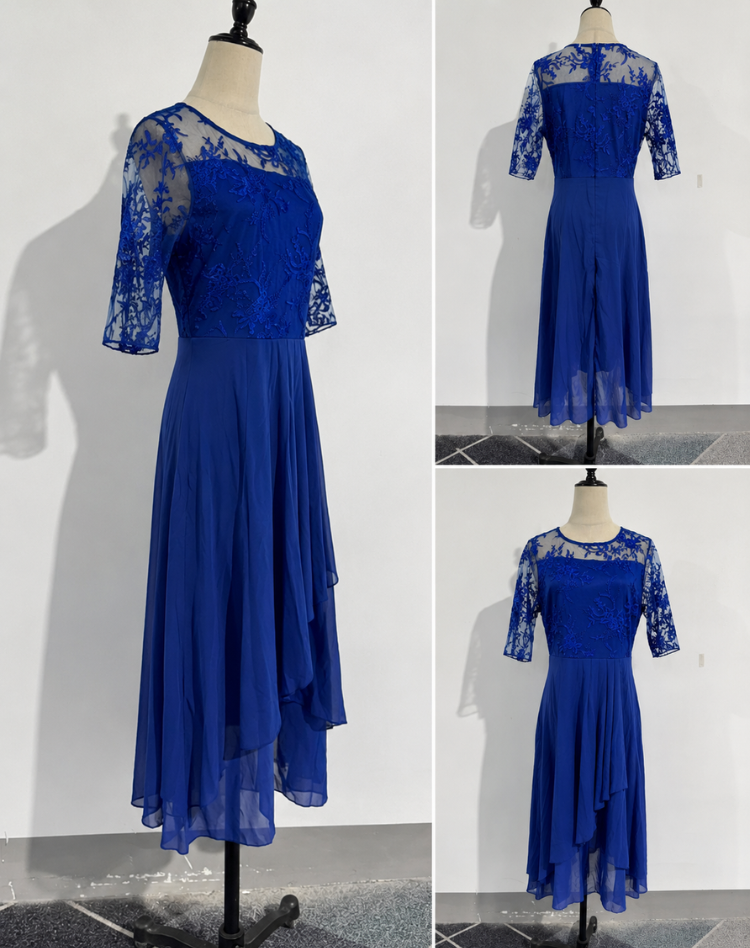 Robe midi élégante femme avec dentelle et coupe fluide confortable