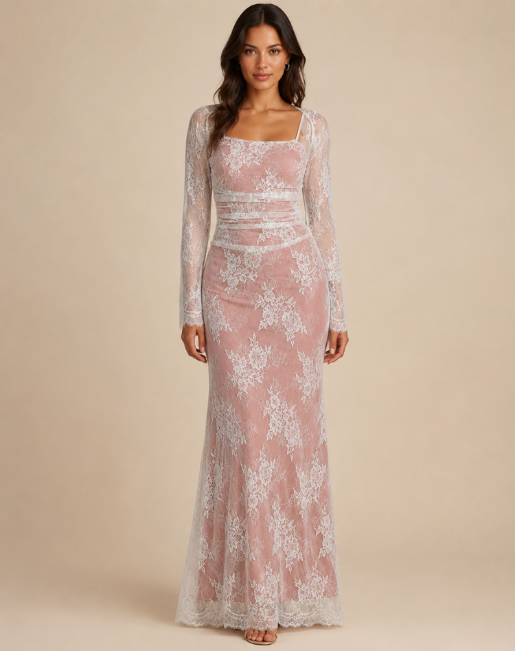 Robe de soirée maxi en dentelle pour femmes avec manches longues et silhouette élégante