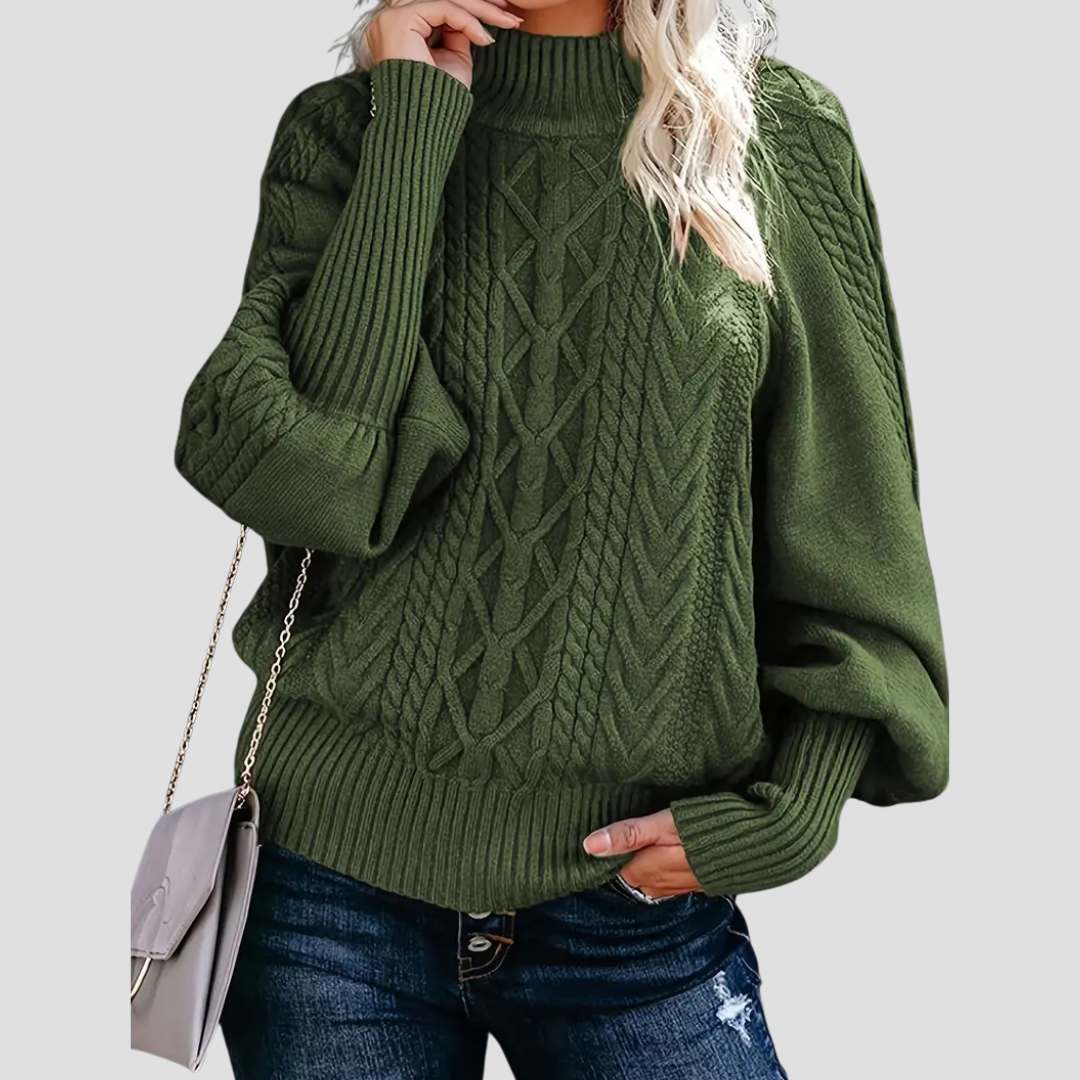 Pull col roulé torsadé pour femme, chaud avec manches ballon