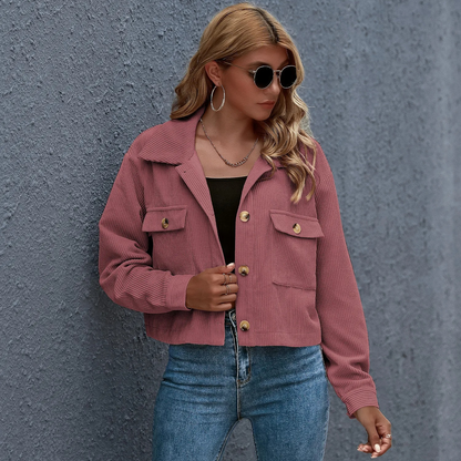 Dames Ribfluwelen Cropped Jas Met Knoopsluiting