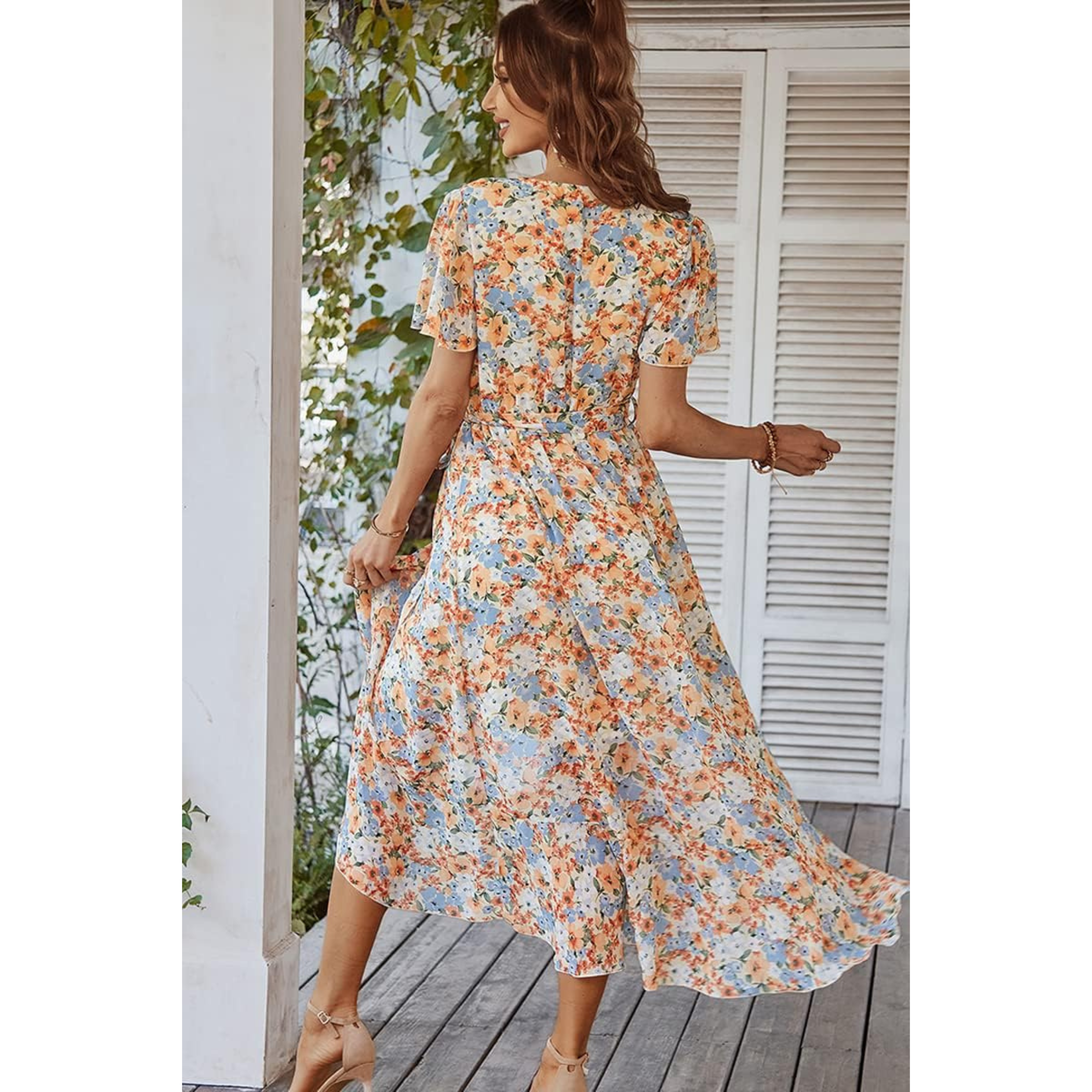 Robe portefeuille à imprimé floral et volants pour femmes